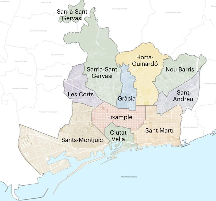 Mapa actual de los distritos de Barcelona capital. 
